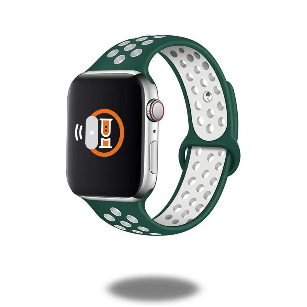 Silicone Active Sport Band for Apple Watch in green, breathable design, perfect for workouts, compatible with all Apple Watch models.