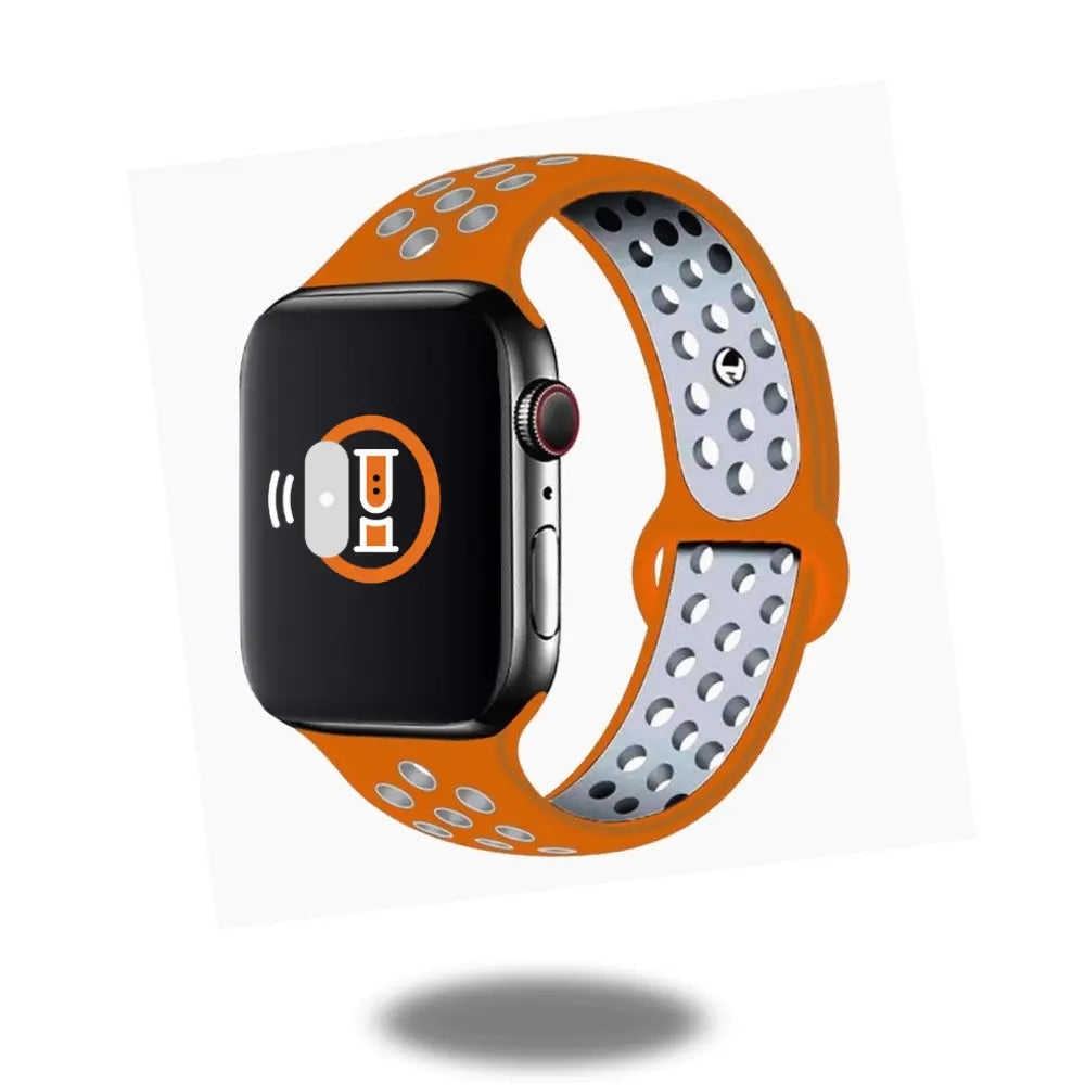 Orange silicone active sport band for Apple Watch, breathable, durable, waterproof, compatible with all latest models.