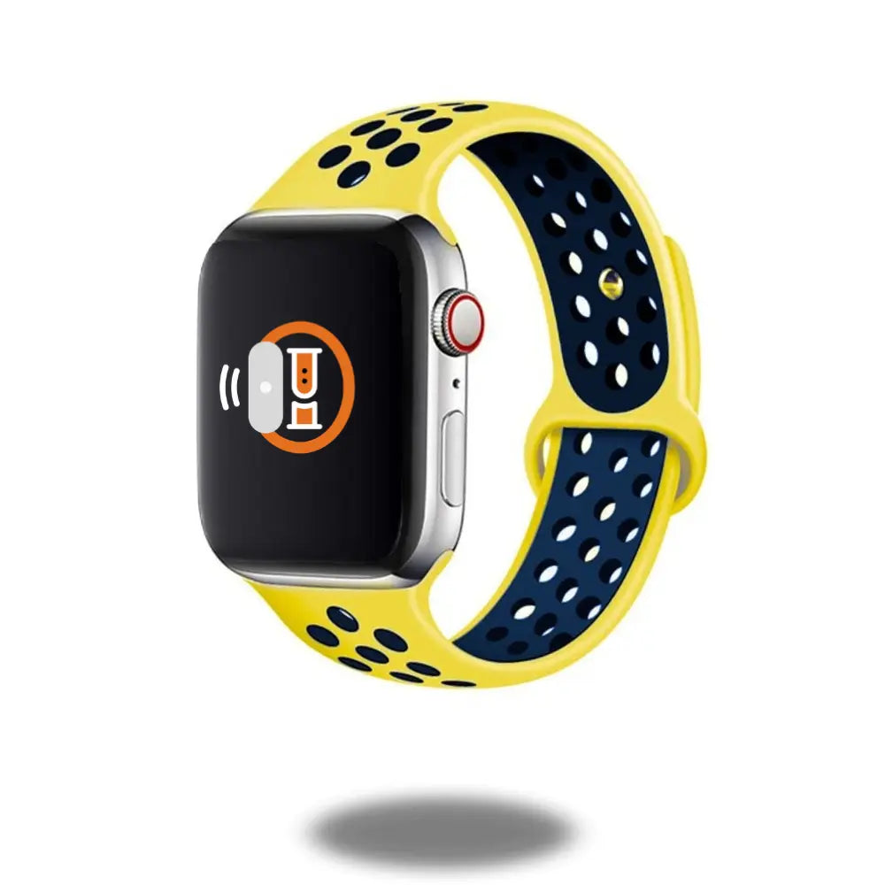 Durable silicone active sport band for Apple Watch in yellow and navy, breathable and waterproof design.