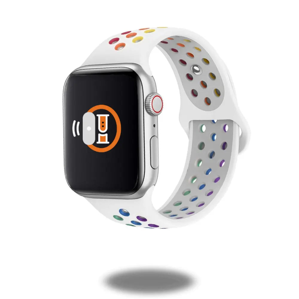 Silicon Sport Nike Style Bands for Apple Watch, durable and breathable white band with colorful holes.