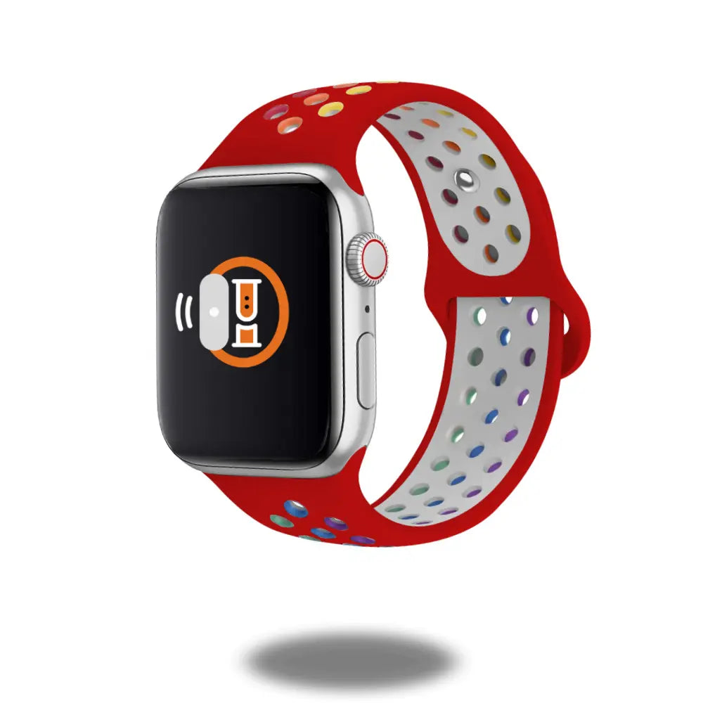 Red silicone sport band for Apple Watch, breathable design with colorful holes, durable and skin-friendly.
