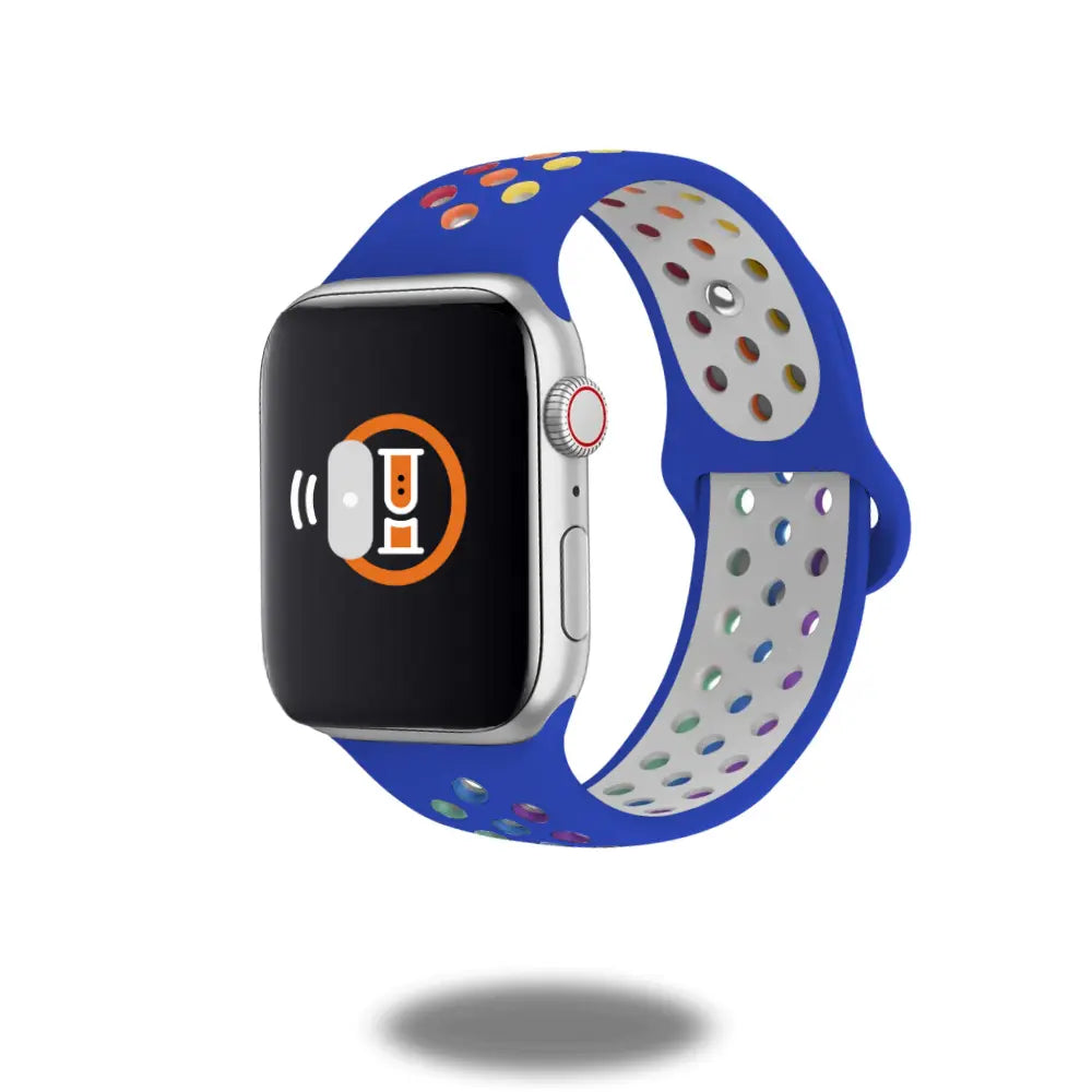 Silicon Sport Nike Style Band for Apple Watch in blue with colorful holes, durable, breathable, and waterproof design.