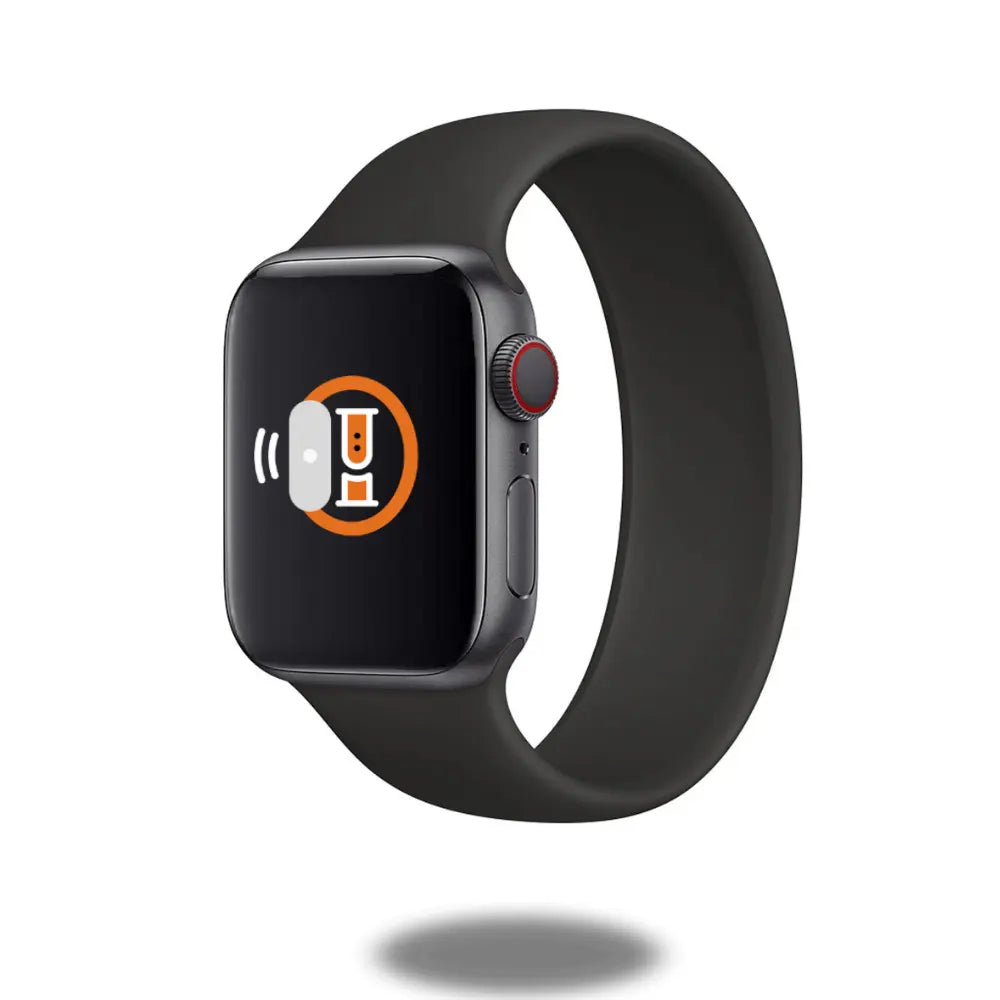 Silicon Solo Loop Band for Apple Watch, elastic and comfortable silicone design, swim-proof and sweat-proof, stylish black color.