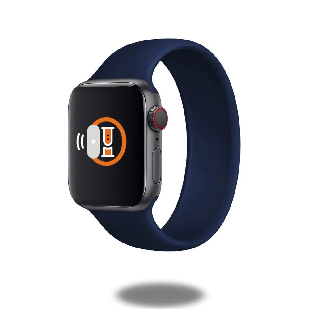 Silicon Solo Loop Bands in navy, showcasing stretchable design on a smartwatch, offering comfort and UV-treated resilience.