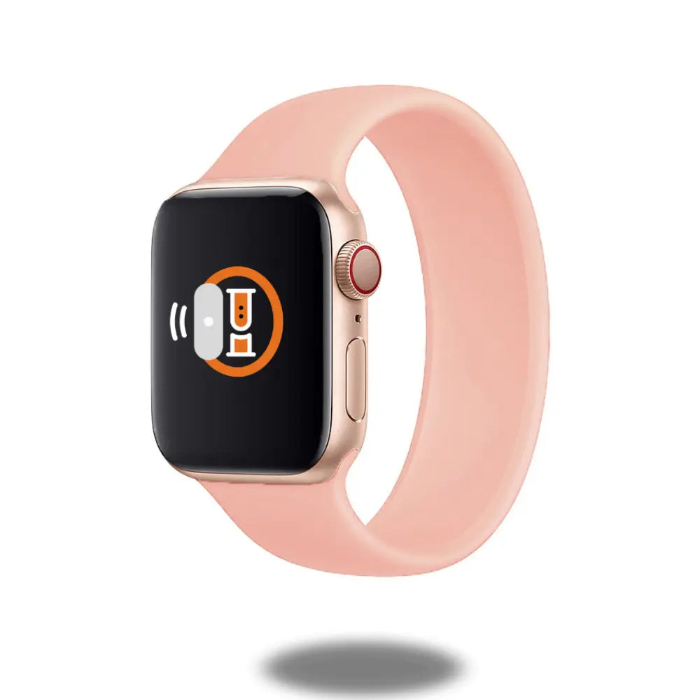 Silicon Solo Loop watch band in soft pink, featuring a stretchable design for ultimate comfort and no clasps.