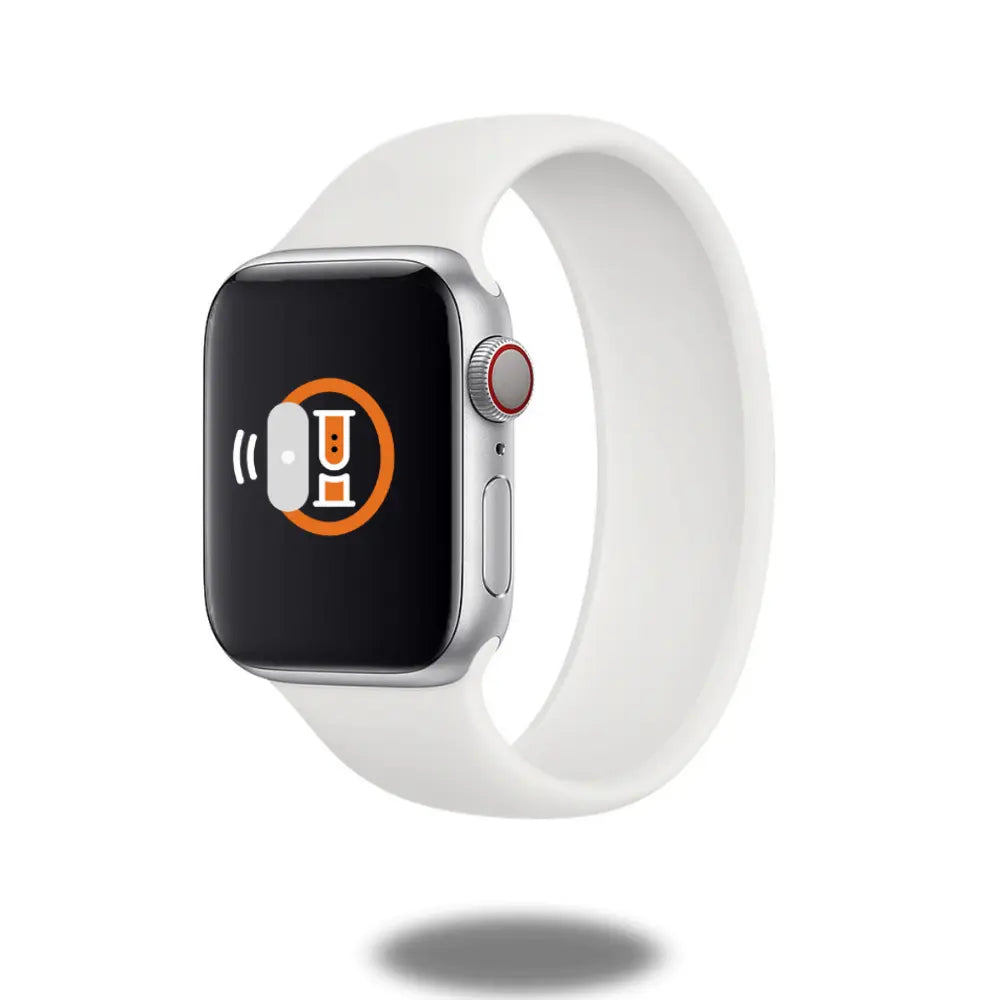 Silicon Solo Loop Band on smartwatch, featuring stretchy design for comfort, swim-proof and sweat-proof usability.