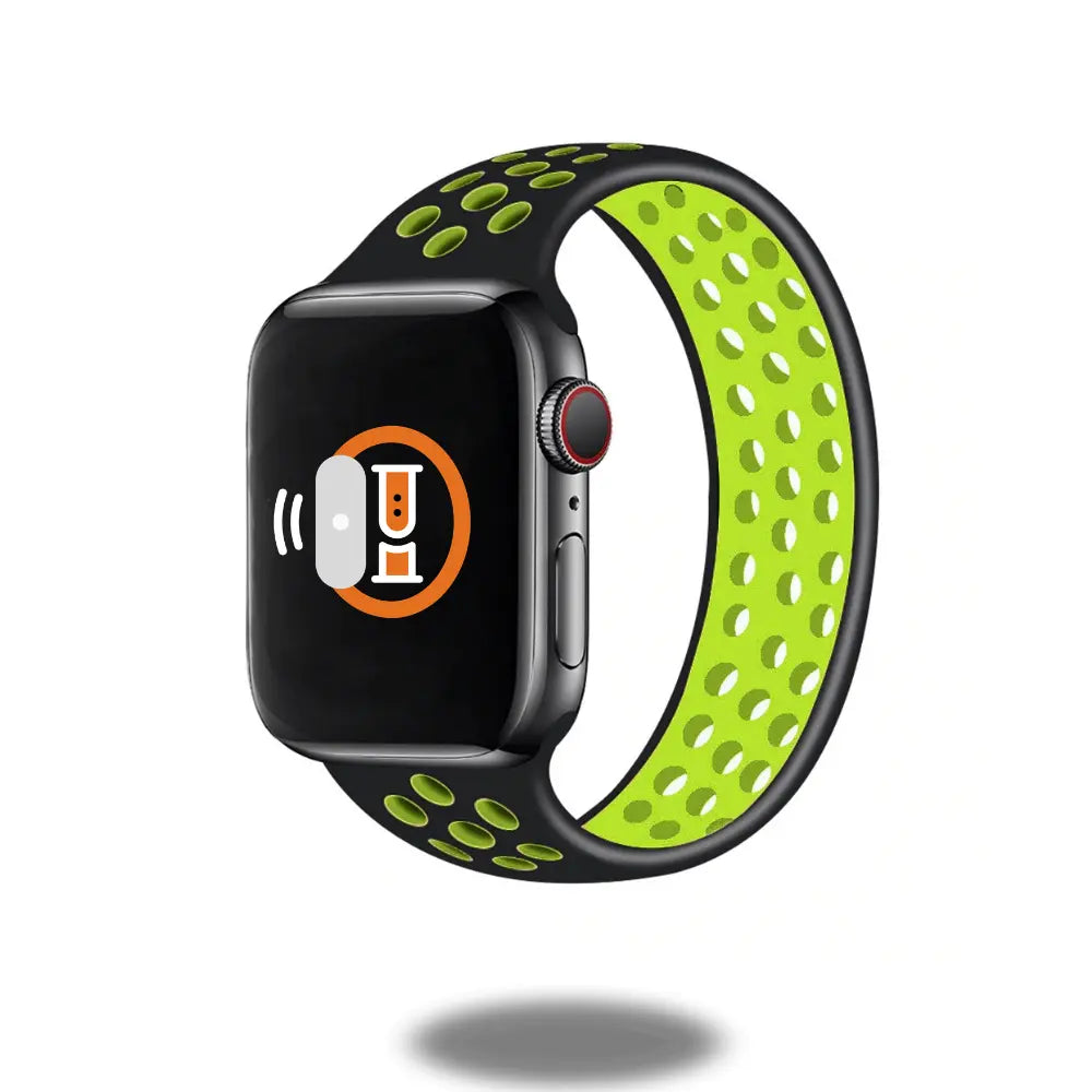 Sport Silicon Solo Loop Band for Apple Watch in black and green, featuring a comfortable design and breathable holes.