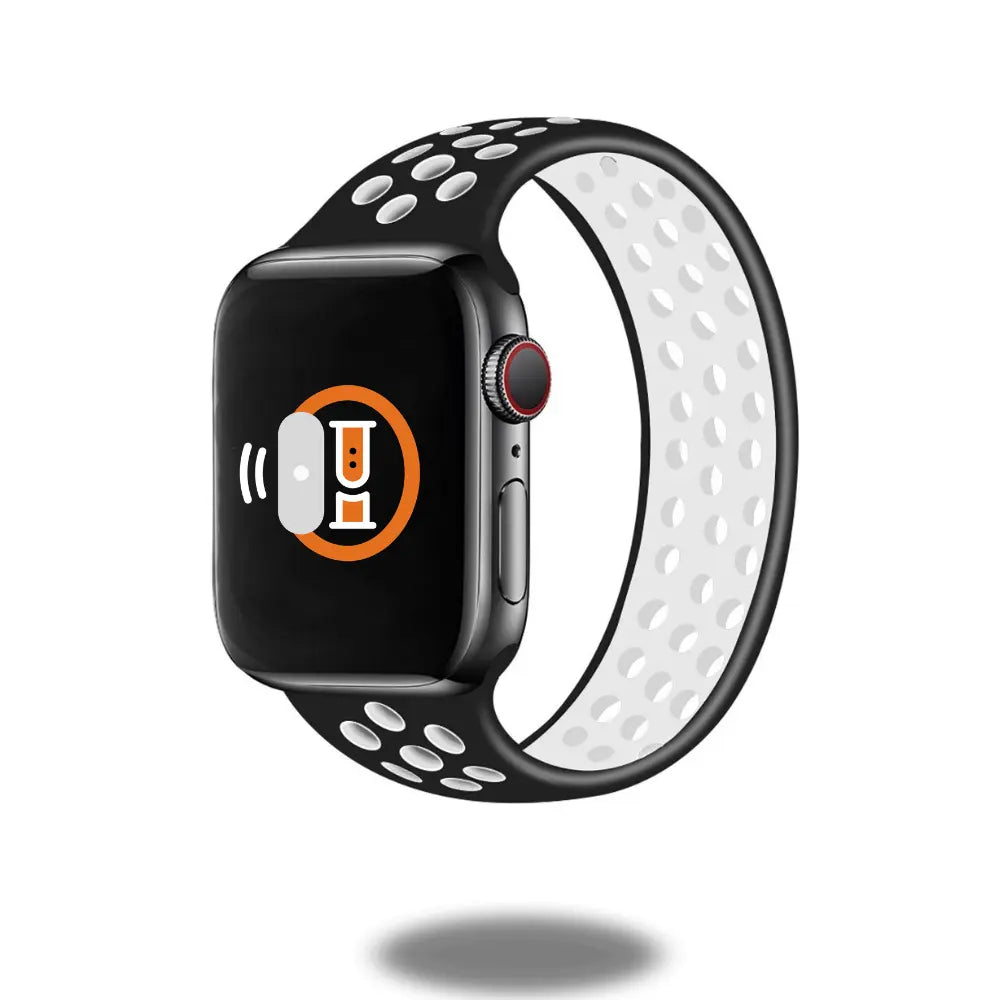Sport Silicon Solo Loop Band for Apple Watch in black and white, featuring breathable holes for comfort and style.