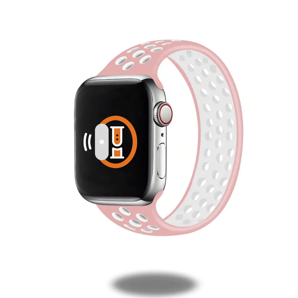 Sport Silicon Solo Loop Band in pink and white, perfect for Apple Watch, comfortable, water-resistant, stylish design.