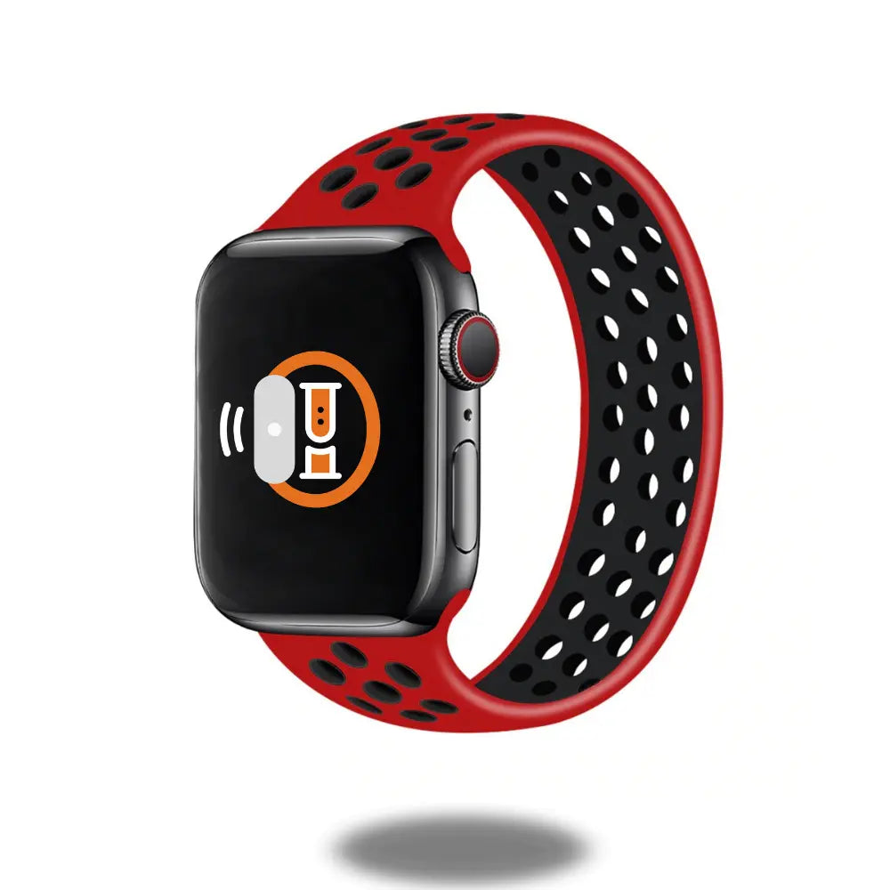 Sport Silicon Solo Loop Band on Apple Watch in red and black, perfect for workouts and water resistance.