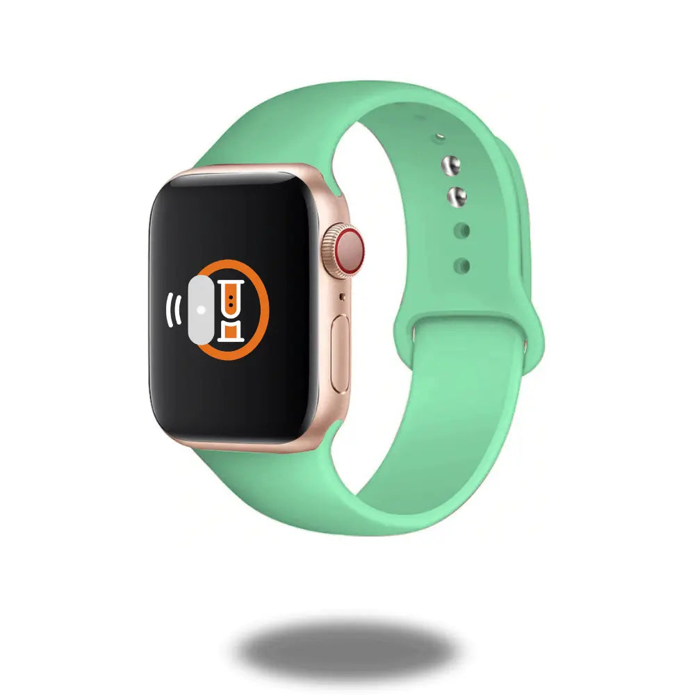Classic silicon sports band in mint green on smartwatch, lightweight, waterproof, comfortable for athletes, breathable design.