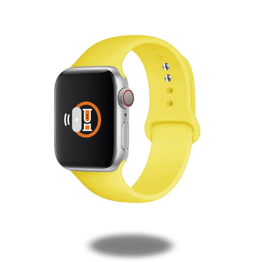 Yellow sports silicon band for smartwatches, lightweight, waterproof, skin-friendly, and breathable design.