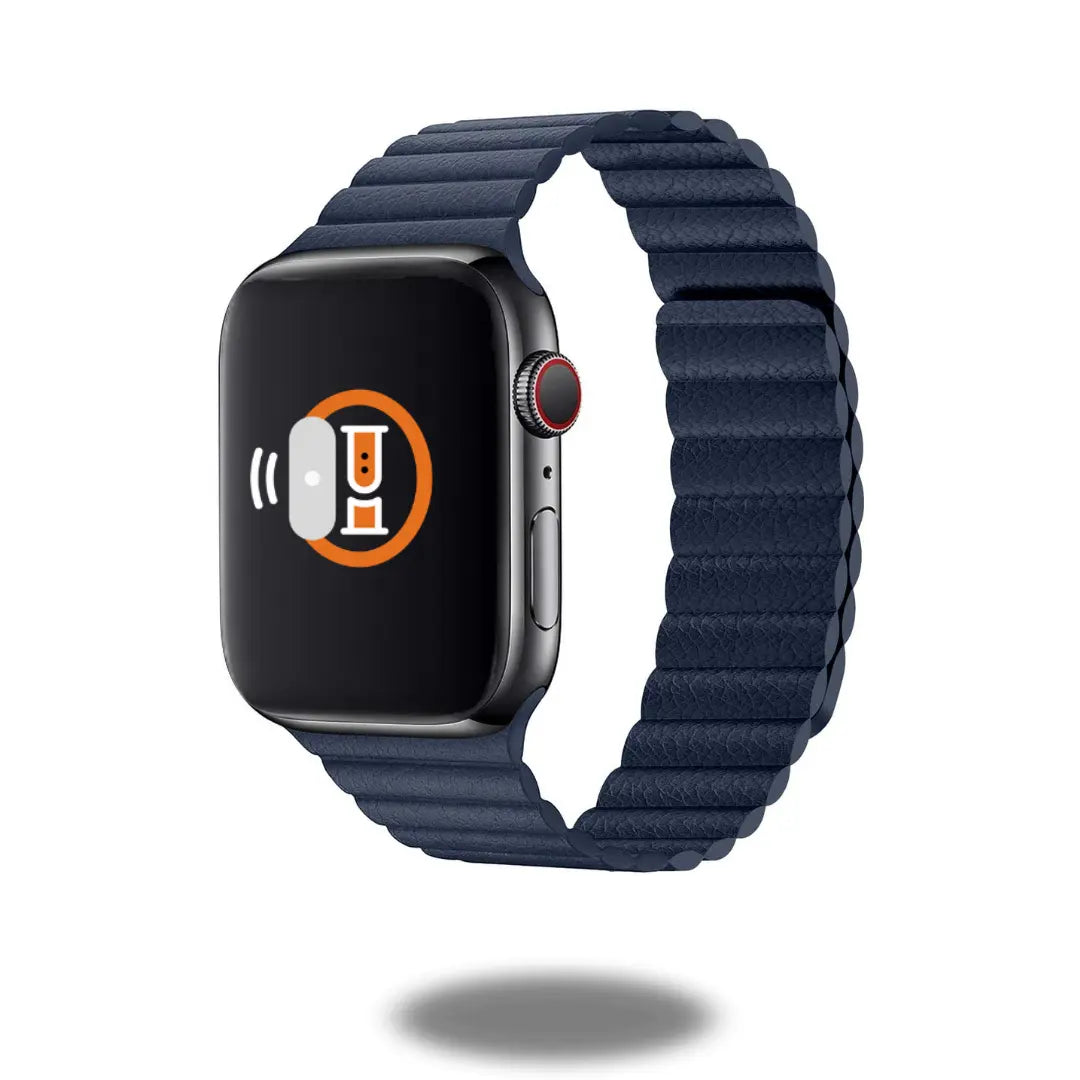 Adjustable leather loop Apple Watch band with two-way magnetic closure, ensuring a secure fit for any occasion.
