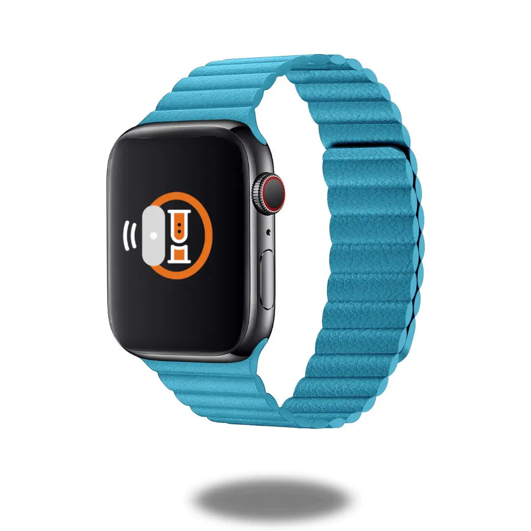 Adjustable blue leather loop Apple Watch band with a modern design, featuring a two-way magnetic closure for a perfect fit.