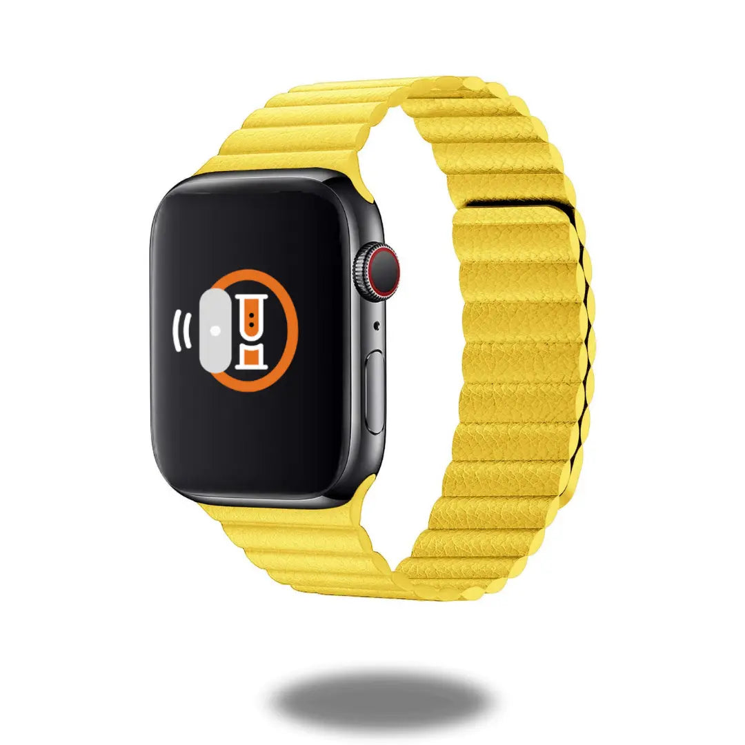 Adjustable leather loop for Apple Watch in vibrant yellow with a secure magnetic closure, perfect for sports and everyday wear.