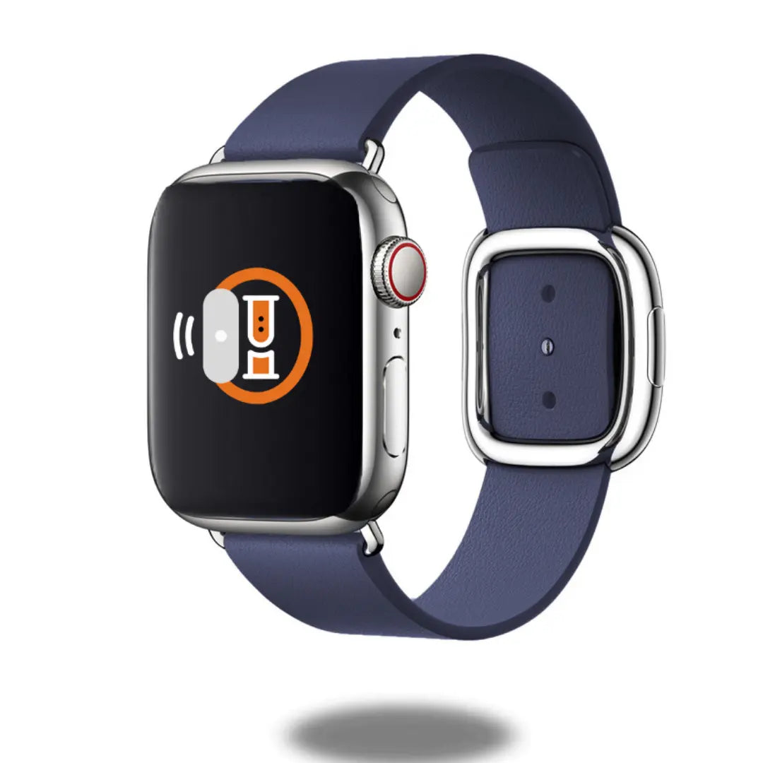 Modern Buckle Band for Apple Watch in blue top-grain leather with magnetic closure, showcasing refined style and durability.