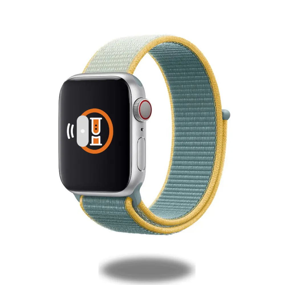Two-tone sport loop band for Apple Watch, featuring a comfortable woven nylon design in blue and yellow.