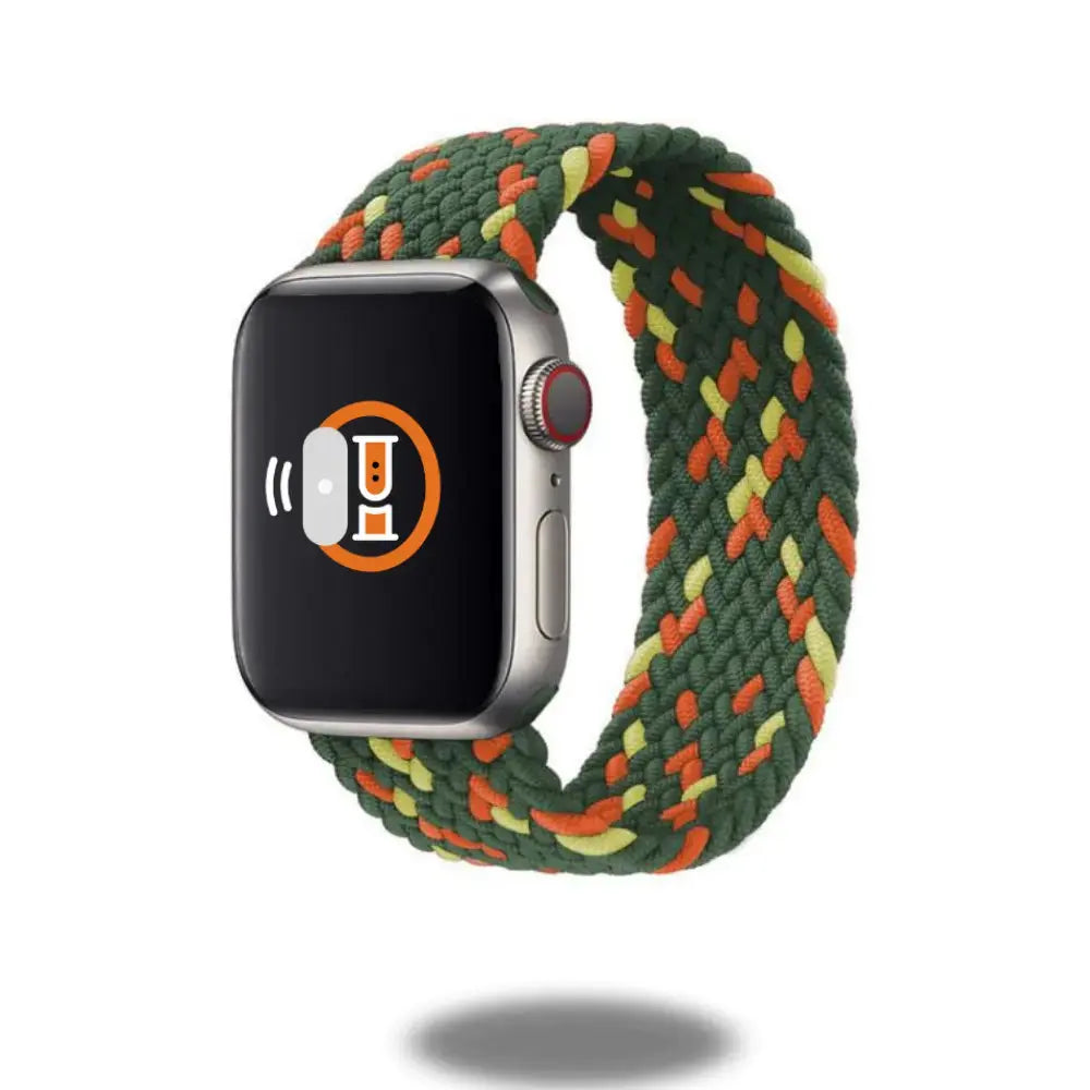 Braided Solo Loop Band for Apple Watch in green, orange, and yellow; perfect for style and comfort by TrendyStraps.