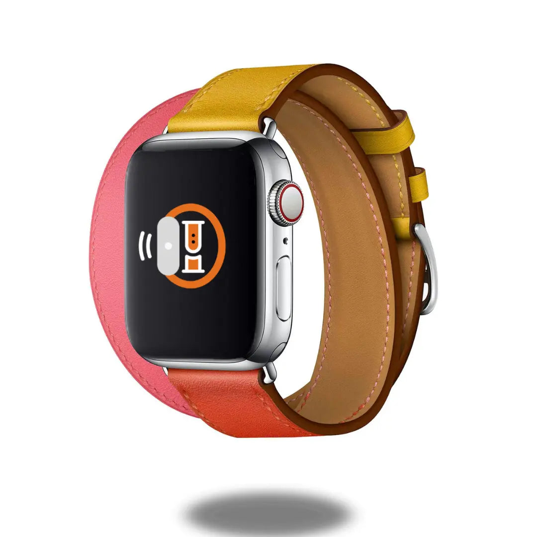 Stylish Double Tour Leather Bracelet for Apple Watch in vibrant red and yellow with equestrian design and easy installation.