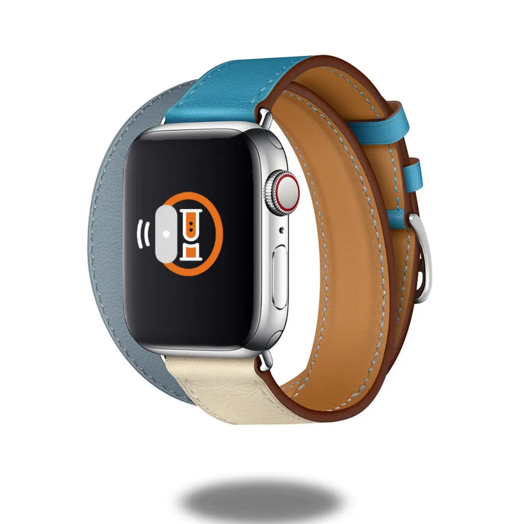 Double Tour Leather Bracelet for Apple Watch in blue and beige, showcasing stylish design and comfortable fit, perfect accessory.