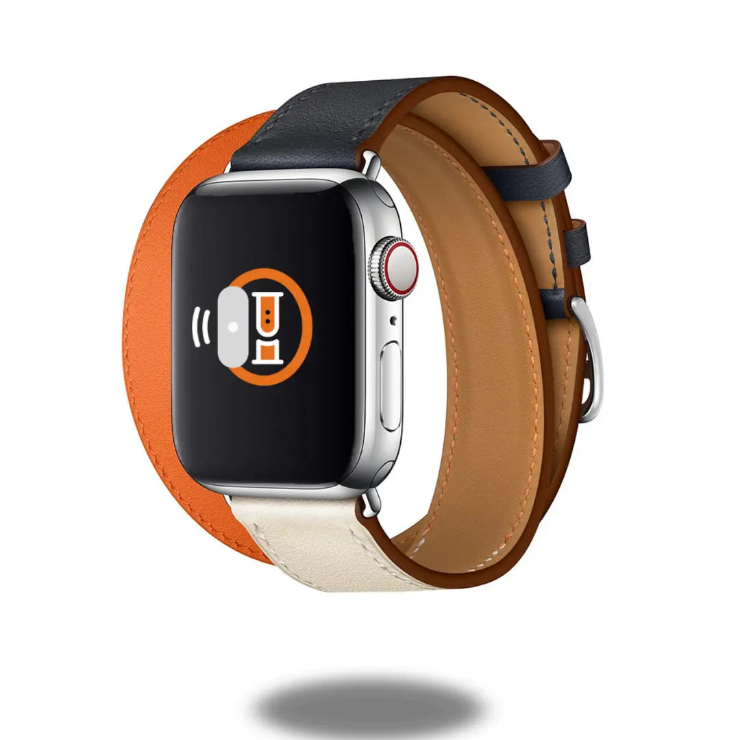 Double Tour Leather Bracelet for Apple Watch in black, orange, and cream, showcasing its unique stylish design and comfort.