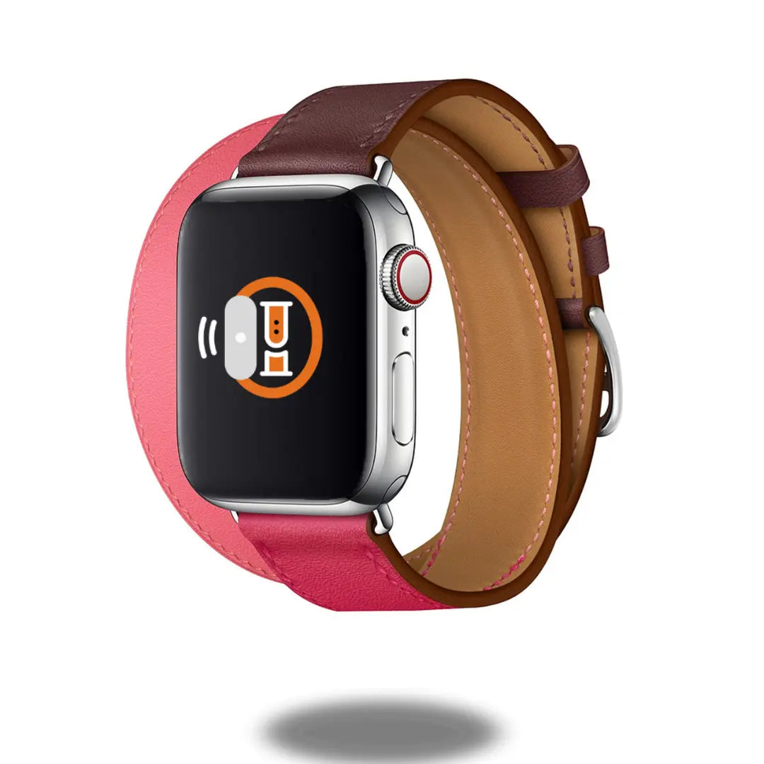Double Tour Leather Bracelet for Apple Watch in red and brown, showcasing equestrian style and comfort with extra-long design.