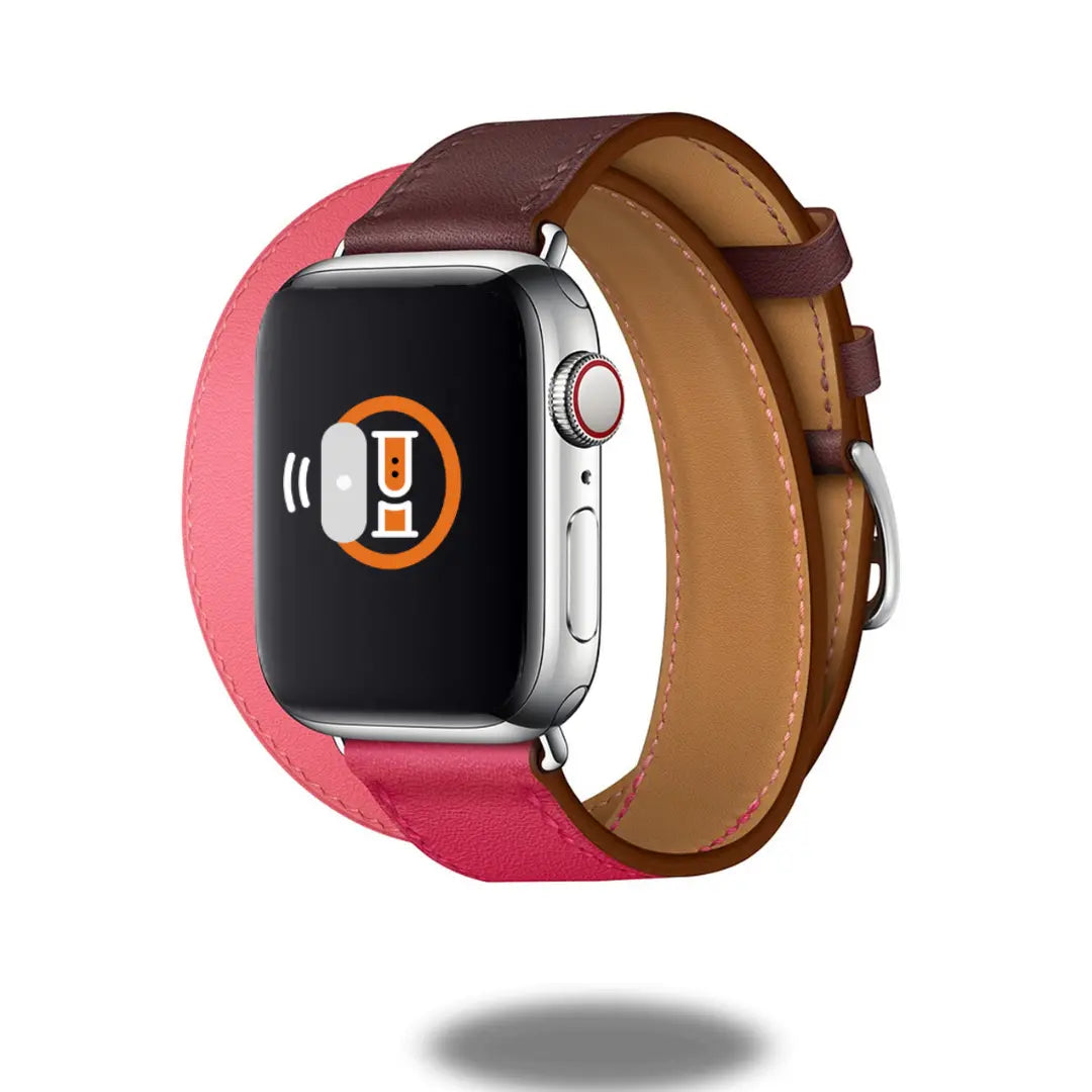 Double Tour Leather Bracelet for Apple Watch, chic red and brown watch band, stylish equestrian design, easy to install