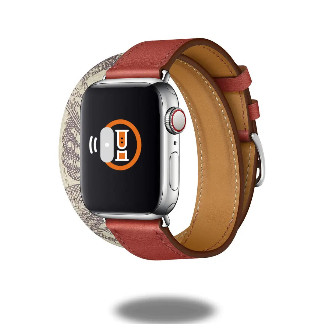 Double Tour Leather Bracelet for Apple Watch in red and cream, showcasing its stylish design and unique wraparound feature.
