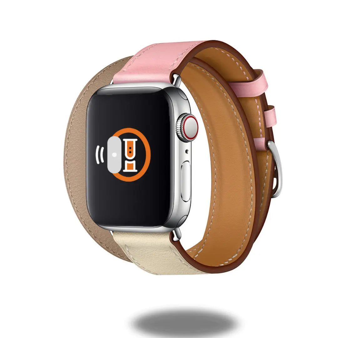 Double Tour Leather Bracelet for Apple Watch in pink and beige, showcasing stylish equestrian design and comfortable fit.