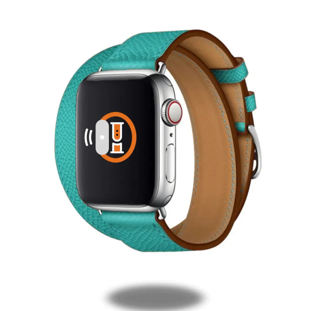 Double Tour Leather Bracelet for Apple Watch in turquoise and brown, showcasing stylish comfort and unique design.