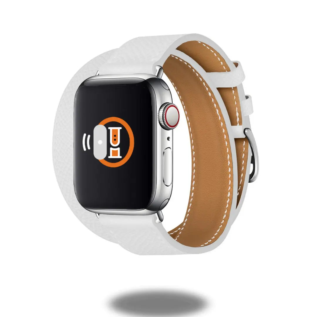 Double Tour Leather Bracelet for Apple Watch in white, showcasing stylish design with equestrian details and visible stitching.