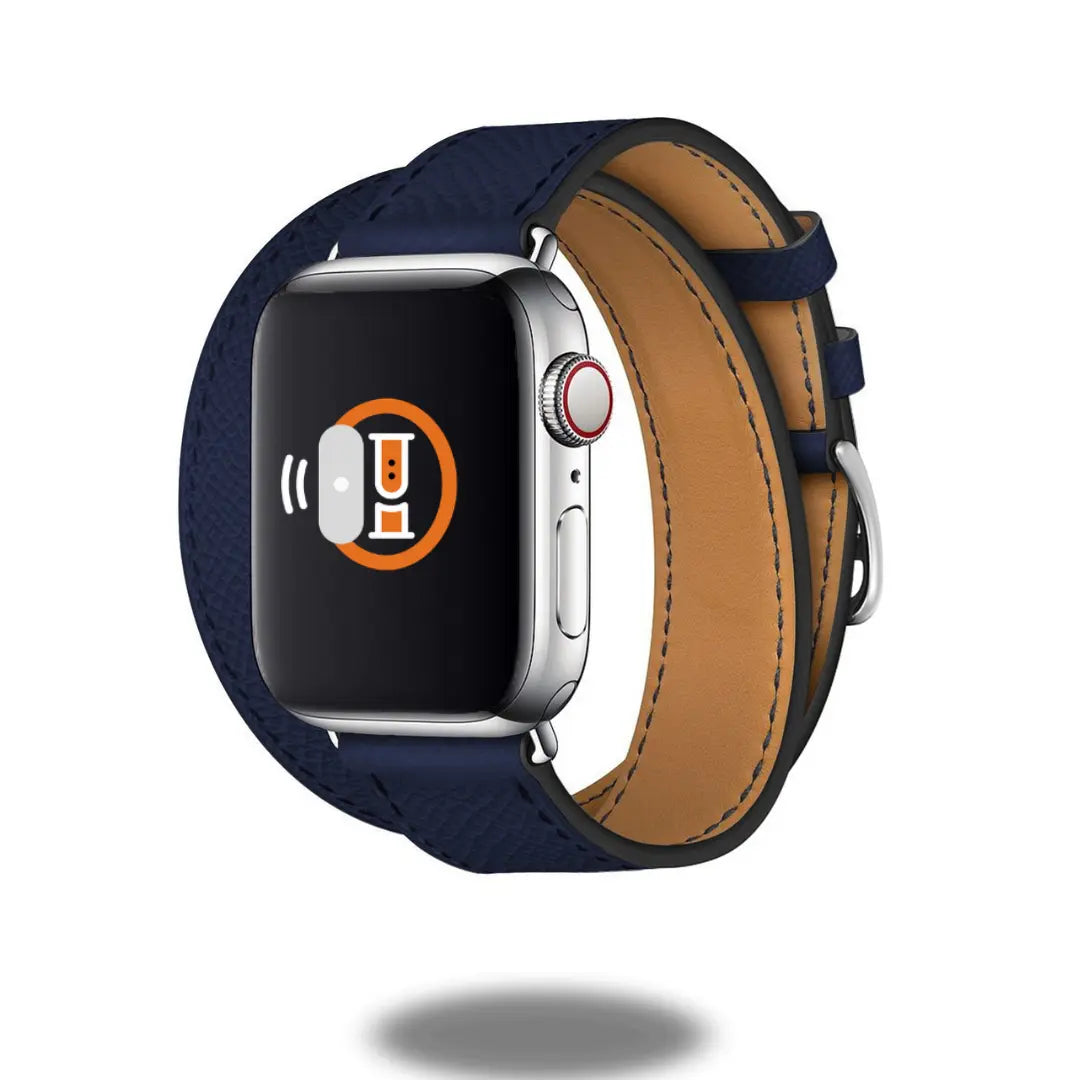 Double Tour Leather Bracelet for Apple Watch in navy, showcasing a sleek design with exquisite stitching.
