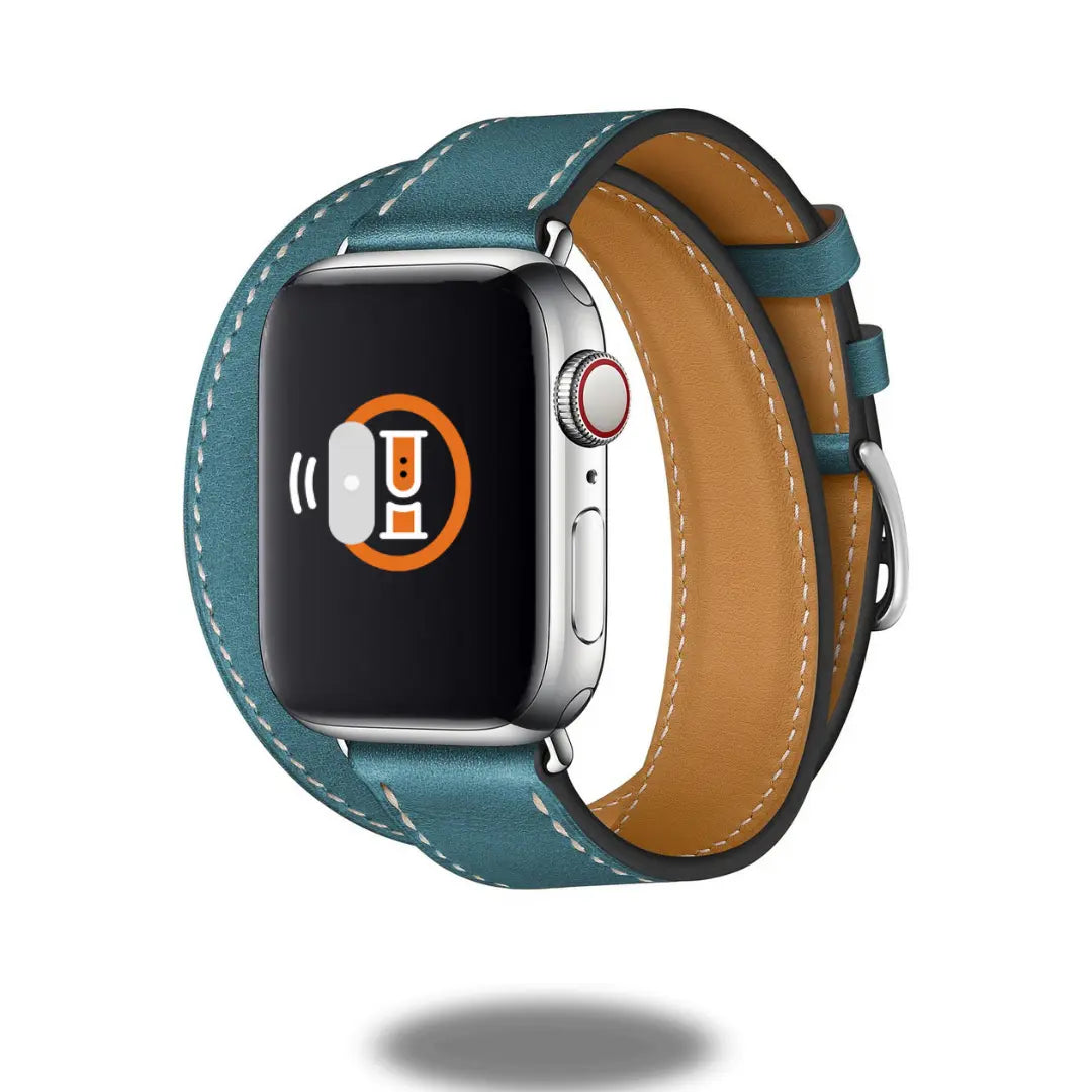Double Tour Leather Bracelet for Apple Watch, stylish blue leather strap with visible stitching and chic equestrian design.