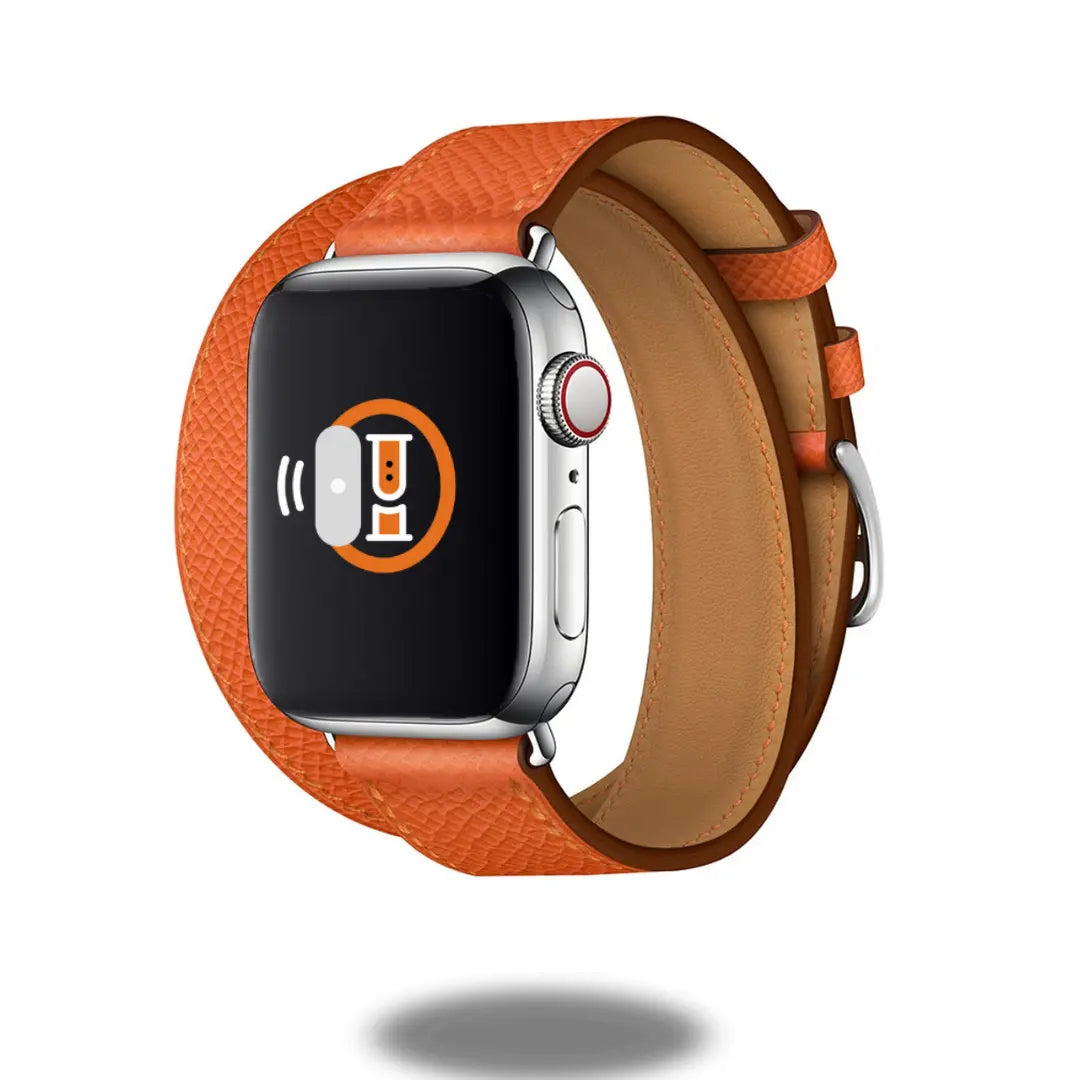 Double Tour Leather Bracelet for Apple Watch in orange with unique design, visible stitching, and equestrian style.