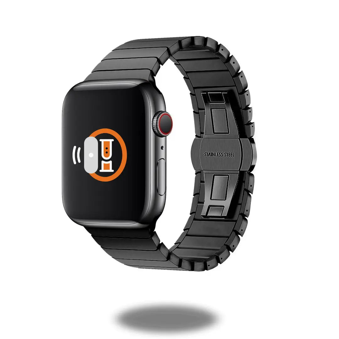 Luxury link bracelet for Apple Watch, featuring a stainless steel design and butterfly clasp for easy attachment.