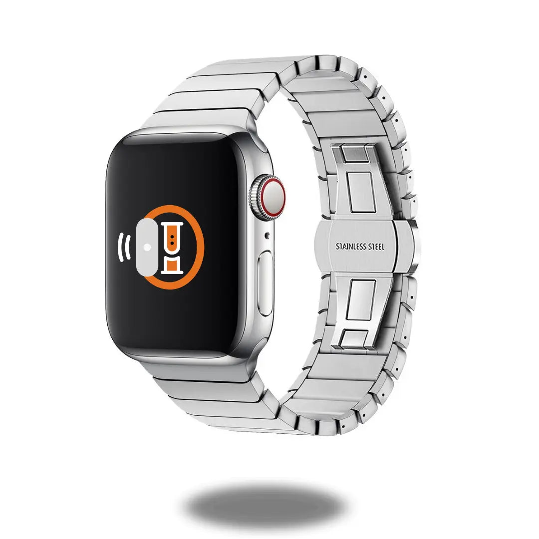 Luxury link bracelet for Apple Watch with seamless stainless steel design and butterfly clasp.