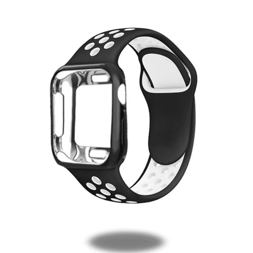 Sport Nike style silicone band with TPU case for smartwatch, lightweight and protective in black and white.