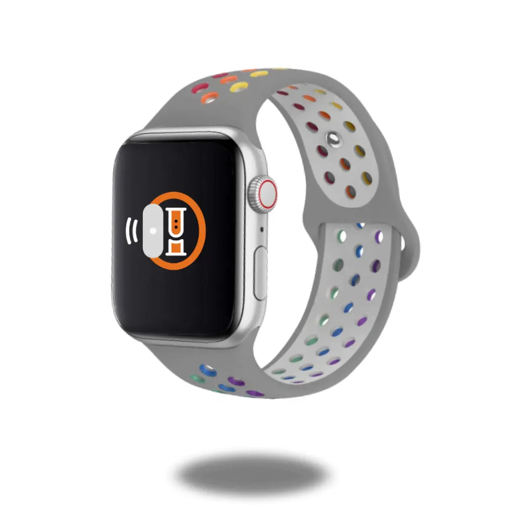 Silicon Sport Nike Style Band for Apple Watch in grey with colorful perforations, durable and breathable for workouts.