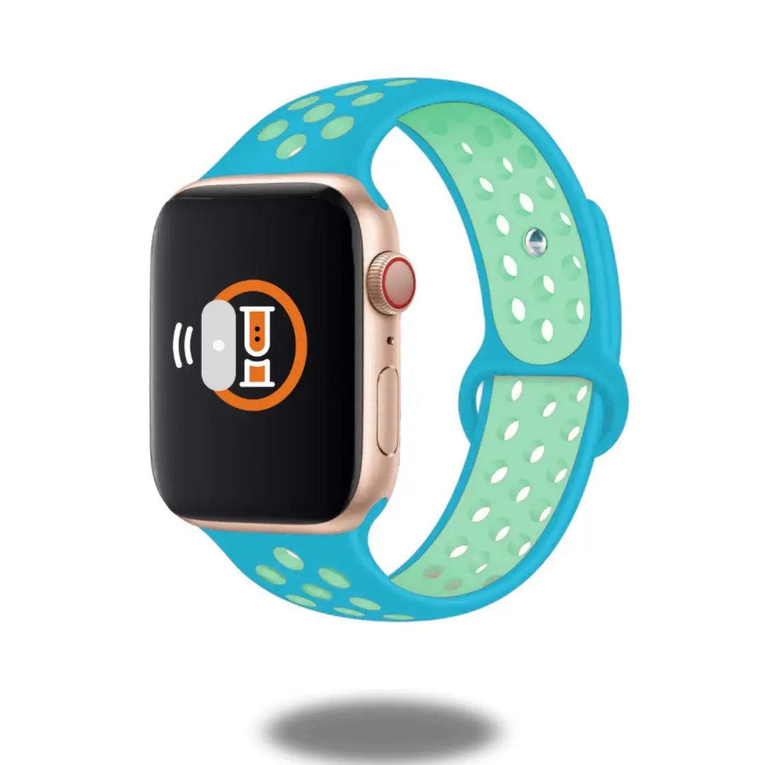 Durable and breathable Silicon Sport Nike style band for Apple Watch in blue and green, perfect for workouts and daily wear.