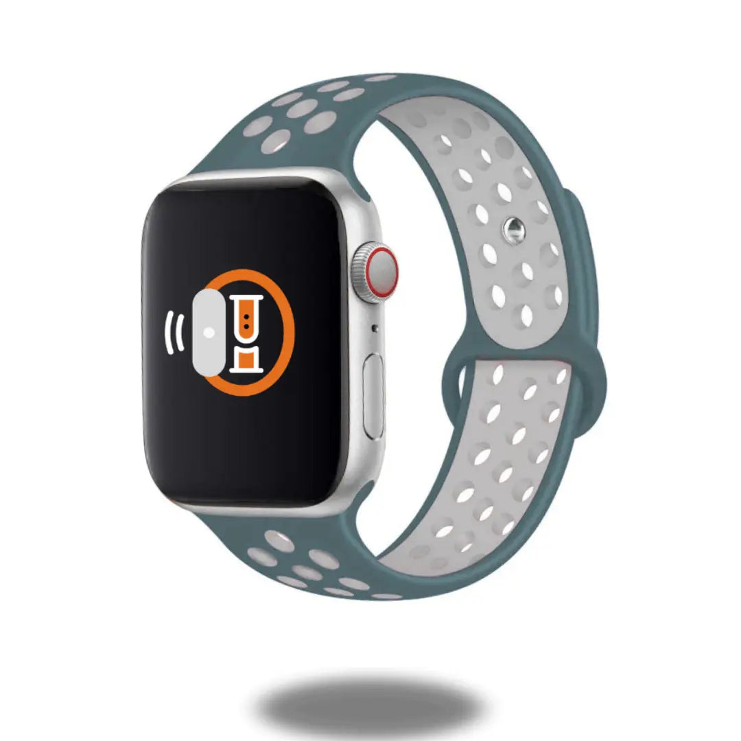 Apple Watch with silicon sport band in teal, breathable holes for comfort, durable and waterproof for workouts.