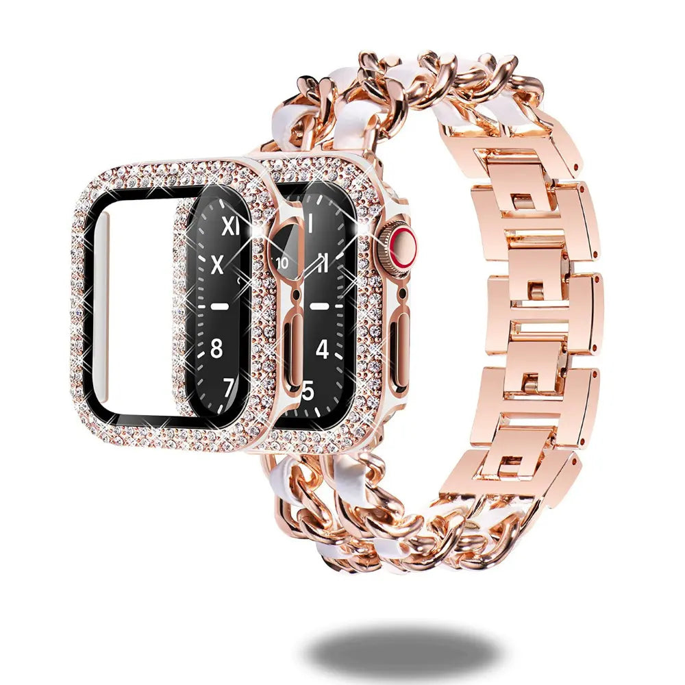 Luxurious Cuban bracelet and diamond-style case for Apple Watch, compatible with various sizes for ultimate style.