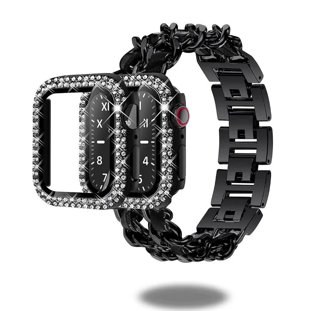 Luxurious Cuban bracelet with diamond-style case and screen protector for Apple Watch Ultra and Series compatibility.