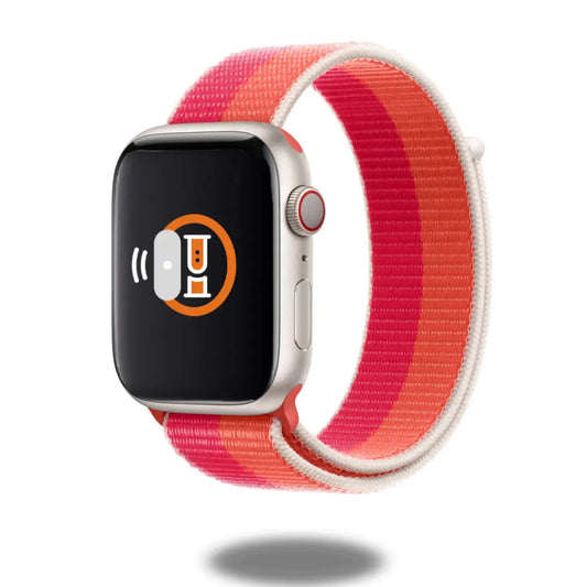 New Nylon Sports Loop for Apple Watch in colorful pink and orange pattern, suitable for 38mm/40mm/41mm wrist sizes.