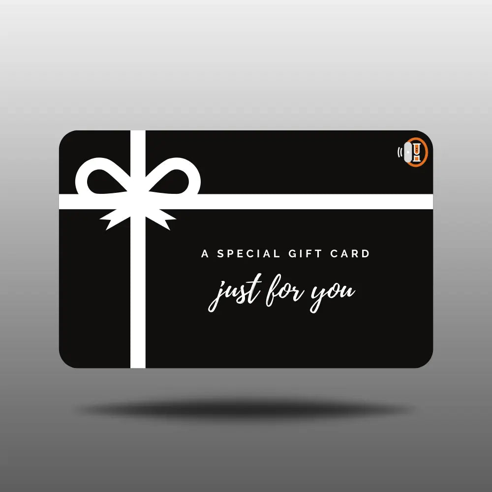 Black gift card with a white ribbon, labeled 'A Special Gift Card Just for You', ideal for Trendy Straps shopping.