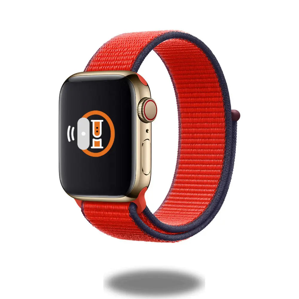 Sport Loop Band in red and navy for Apple Watch, made of woven nylon for comfort and durability.