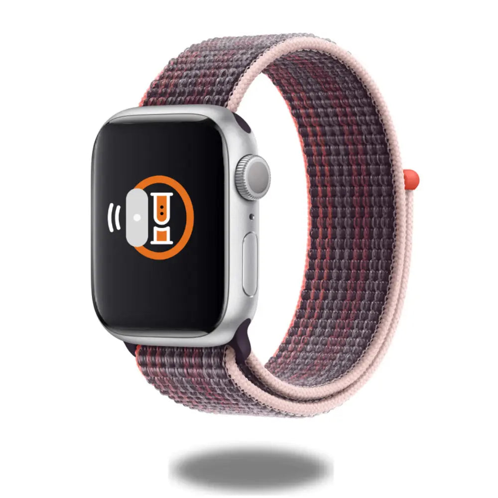 New Sport Loop for Apple Watch in colorful woven nylon, showcasing a comfortable fabric-like feel and compatible with 38mm to 42mm sizes.