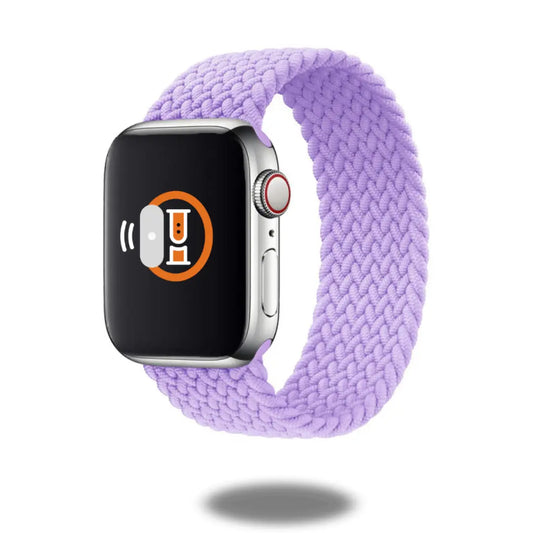 Purple braided elastic loop band for Apple Watch, stylish and comfortable replacement strap.