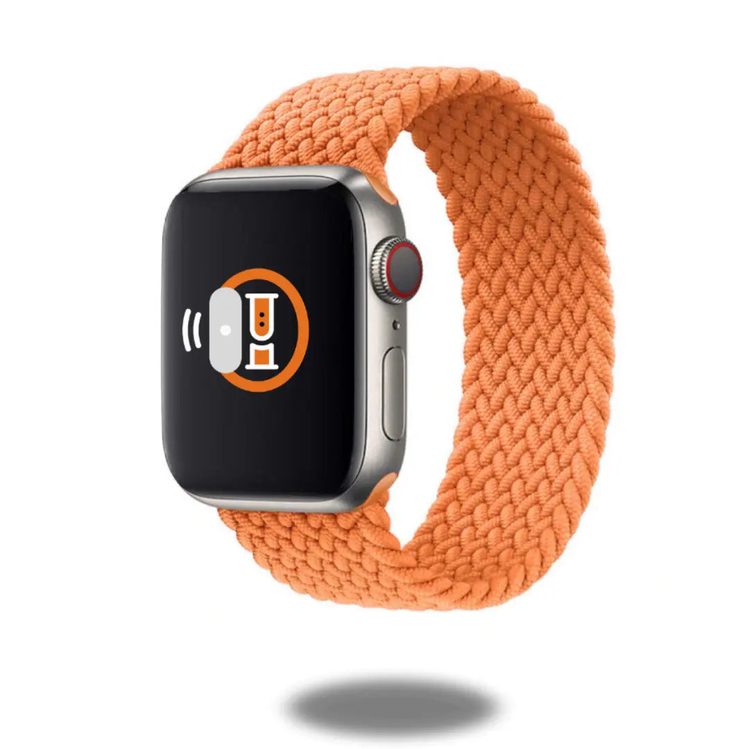 Braided elastic band for Apple Watch in orange, showcasing comfort and style with high-quality nylon material.