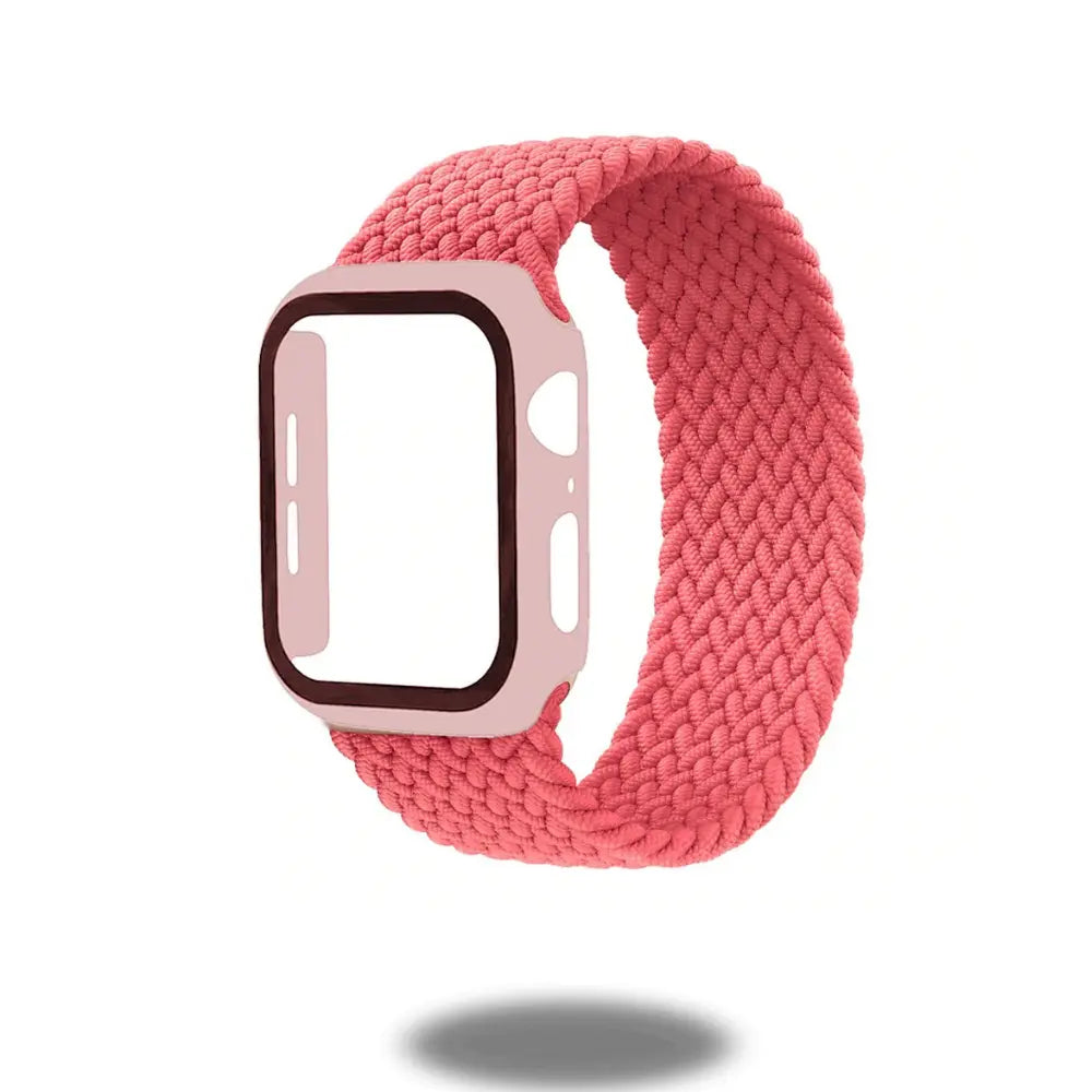 Stylish braided solo loop band for Apple Watch in pink, made from durable elastic nylon for comfort and protection.