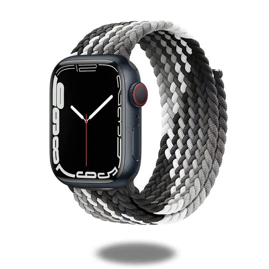Braided sports band in black and white colors for Apple Watch, made of stretchy, comfortable recycled material.